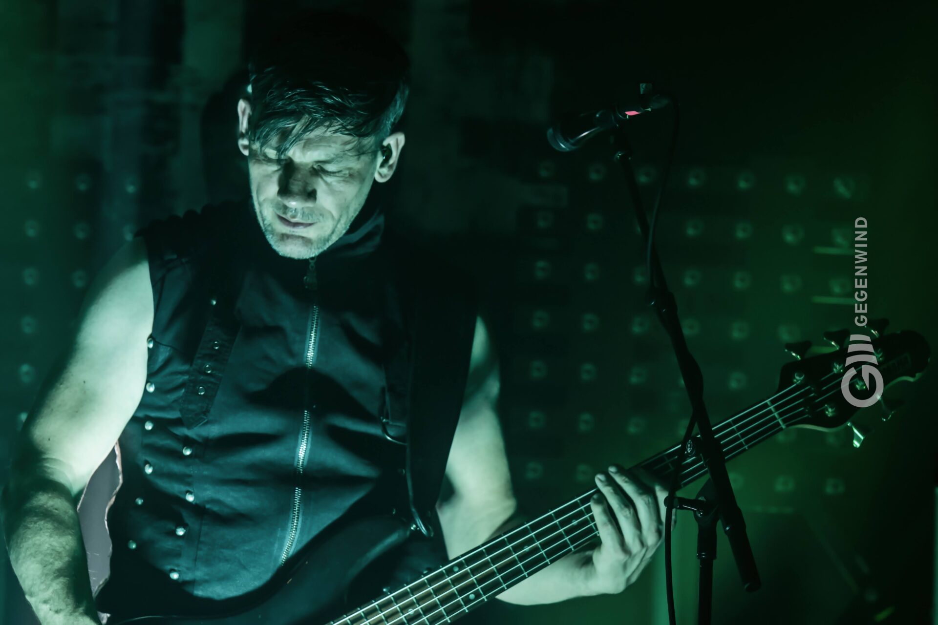 Bassist im grünen Bühnenlicht